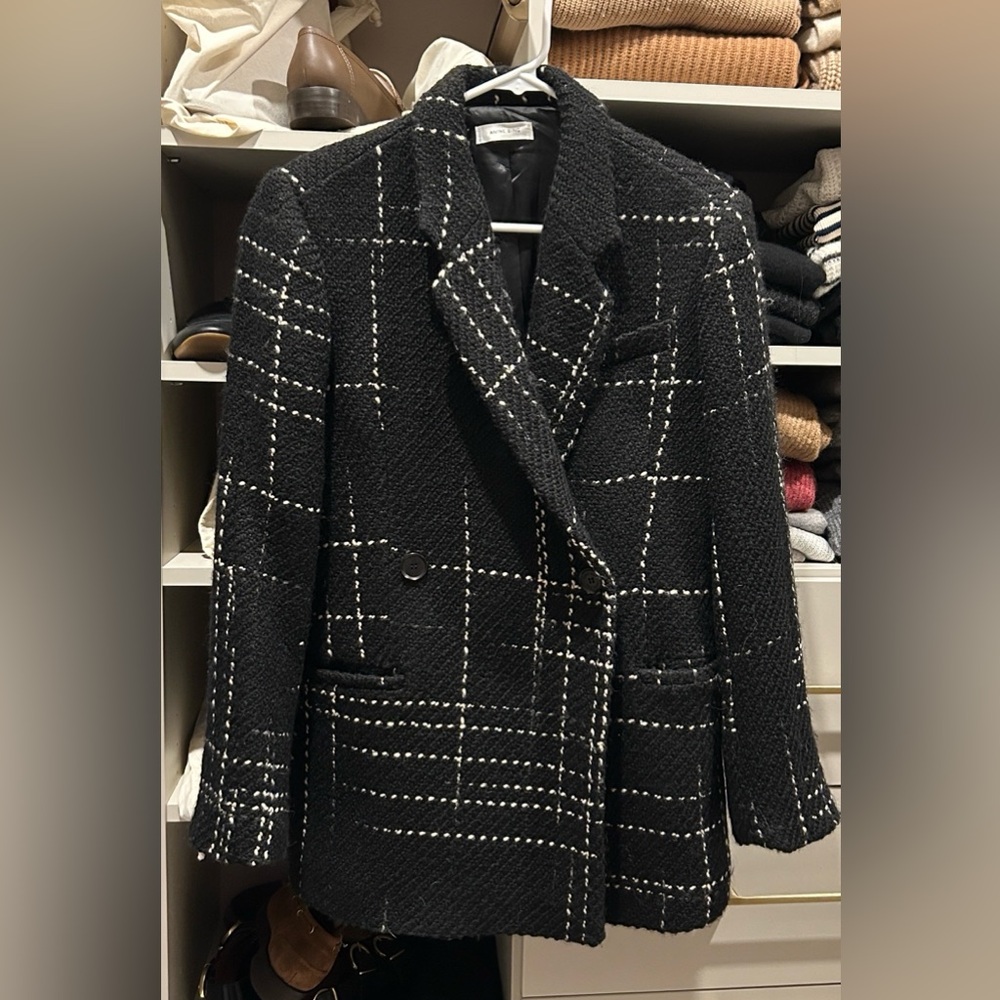 Anine Bing Kaia Plaid Blazer Black White Double Breasted Wool Size XS